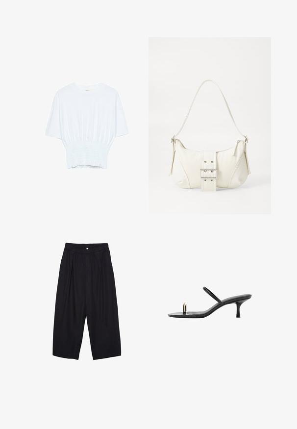 Hvid kortærmet T-shirt med afslappet pasform og smocked tekstur ved taljen. Lavet af blødt, letvægtsstof.; Sorte polyester culotte bukser med elastisk talje, to forpiber og en løs silhuet. Ingen synlige mønstre eller hardware detaljer.; Sort hæl sandal med et slankt design, der har tynde stropper og en unik frontaccent. Glat tekstur med spidse tå og 3-tommer hæl.; Hvid skuldertaske med en tekstureret overflade, et centralt spænde og en buet form. Lynlåslukninger på begge sider.