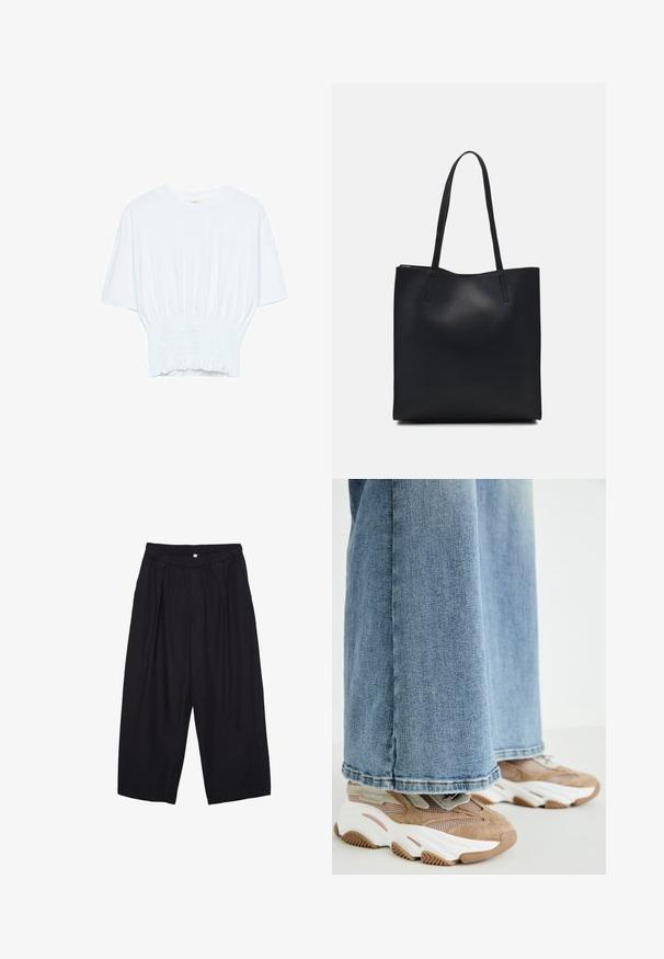 Bílý tričko s krátkým rukávem, se volným střihem a nařasenou texturou v pase. Vyrobeno z měkkého, lehkého materiálu.; Černé polyesterové culotte kalhoty s elastickým pasem, dvěma předními sklady a volným siluetou. Žádné viditelné vzory ani kovové detaily.; Steve Madden POSSESSIONE - Tenisky - oatmeal; Černá kožená taška přes rameno s hladkým povrchem, obdélníkovým tvarem a dvěma dlouhými uchy. Žádné viditelné kování ani ozdoby.