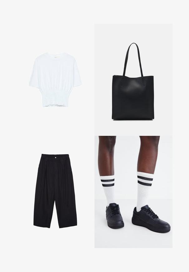 Hvid kortærmet T-shirt med afslappet pasform og smocked tekstur ved taljen. Lavet af blødt, letvægtsstof.; Sorte polyester culotte bukser med elastisk talje, to forpiber og en løs silhuet. Ingen synlige mønstre eller hardware detaljer.; Sorte læder sneakers med en tekstureret overflade, parret med hvide ribbede sokker med sorte striber nær toppen.; Sort læder tote taske med glat tekstur, rektangulær form og to lange hanke. Ingen synlig hardware eller udsmykninger.