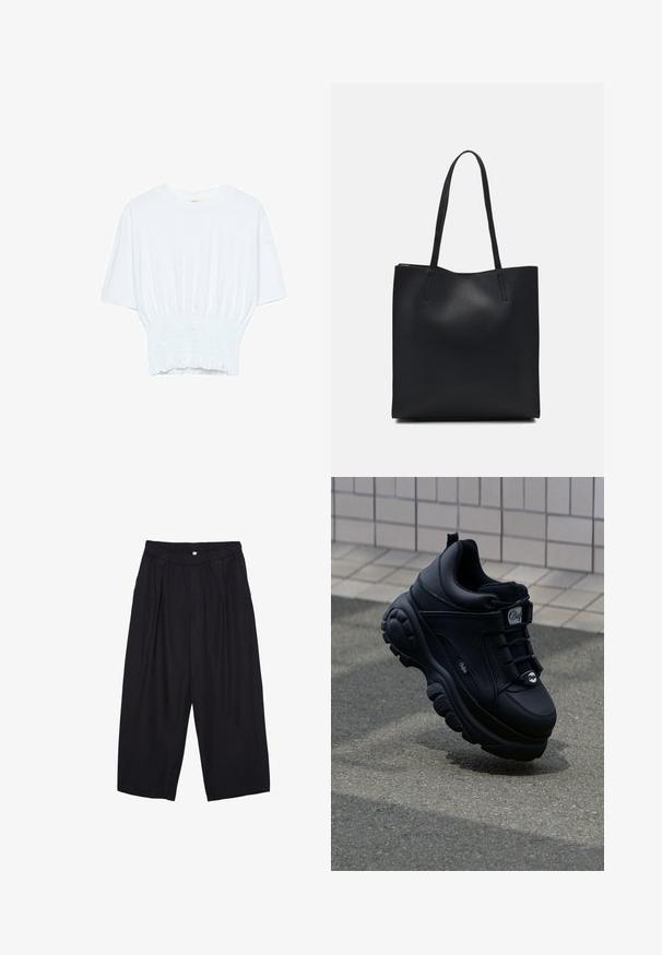 Biała koszulka z krótkim rękawem o luźnym kroju i marszczonym wykończeniu w talii. Wykonana z miękkiego, lekkiego materiału.; Czarne spodnie culotte z poliestru z elastycznym pasem, dwoma fałdami z przodu i luźnym krojem. Brak widocznych wzorów lub elementów metalowych.; Czarne, masywne sneakersy z gładkiej skóry, z sznurowanym przodem, wyściełaną podeszwą i wytłoczonym logo z boku. Widoczna teksturowana podeszwa.; Czarna skórzana torba tote o gładkiej fakturze, prostokątnym kształcie i dwóch długich uchwytach. Brak widocznych elementów metalowych i ozdób.