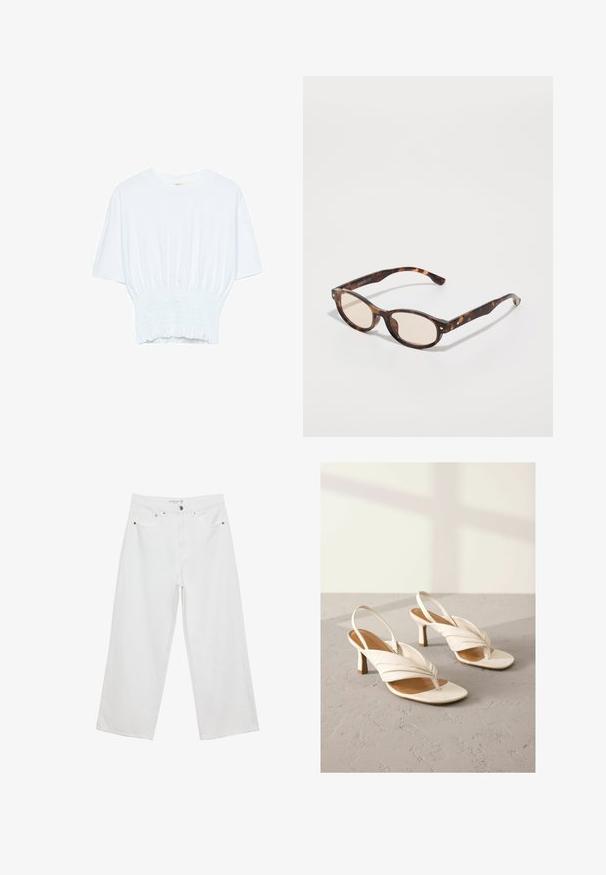 Weißes T-Shirt mit kurzen Ärmeln, lockerer Passform und gerafftem Stoff an der Taille. Aus weichem, leichtem Material gefertigt.; Weiße Jeans im weit geschnittenen Design aus Denim mit hoher Taille, ausgestattet mit fünf Taschen und Metallbeschlägen. Glatte Textur, keine sichtbaren Muster.; Weiße Leder Slingback-Absätze mit gedrehtem Vorderdesign, offener Zehenpartie und einem Blockabsatz in mittlerer Höhe. Glatte Oberfläche und minimalistische Akzente.; Schildkrötenmuster Sonnenbrille mit runder Form und leichten Gläsern. Verfügt über stabile Bügel mit kleinen goldenen Akzenten, hergestellt aus Kunststoff.; Weißer Schultertasche aus glattem Material mit ovalem Ausschnitt und breitem Tragegurt. Einfach und modern, ohne sichtbare Hardware.