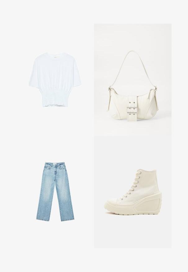 Biała koszulka z krótkim rękawem o luźnym kroju i marszczonym wykończeniu w talii. Wykonana z miękkiego, lekkiego materiału.; Jasnoniebieskie jeansy z szerokimi nogawkami i wysokim stanem, z lekko wybledzonym wykończeniem i drobnymi, rozproszonymi przetarciami.; Białe płócienne sneakersy typu high-top z podeszwą na koturnie, wyposażone w metalowe oczka, okrągły czubek oraz teksturowaną gumową podeszwę.; Biała torebka na ramię o fakturowanym wykończeniu, z centralnym akcentem w postaci klamry i zaokrąglonym kształcie. Zapięcia na zamek błyskawiczny po obu stronach.