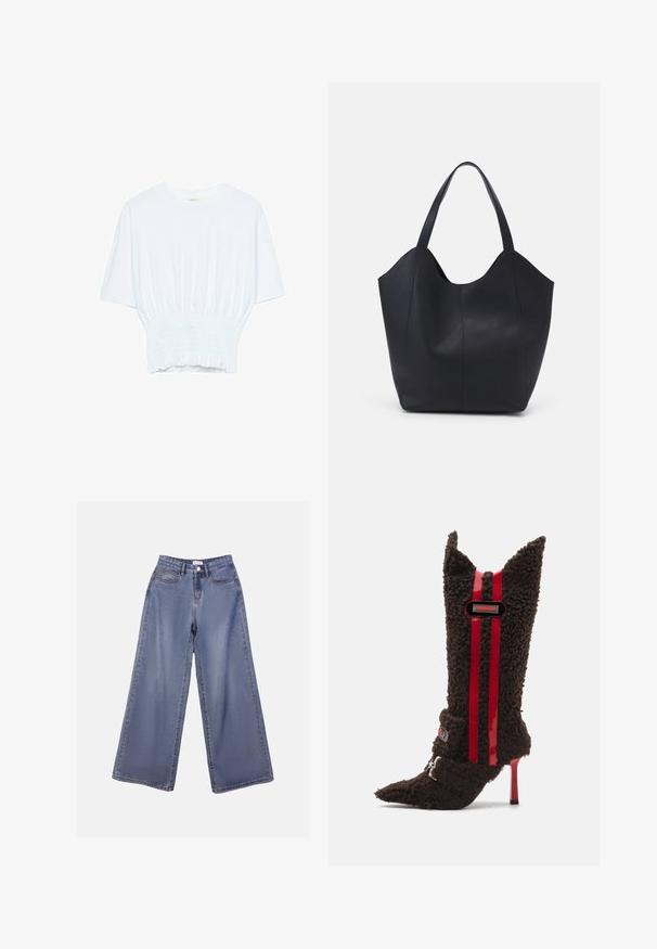 White short-sleeve T-shirt with a relaxed fit and smocked texture at the waist. Made of soft, lightweight fabric.; Wide-leg denim jeans in a light blue wash, featuring a high waist, front pockets, and a button closure with belt loops.; Brown fur-like high-heeled boot with pointed toes, featuring red patent leather stripes and a logo accent on the ankle. Textured fabric.; Black tote bag made of smooth leather, featuring a curved, open top with two shoulder straps and a minimalist design.