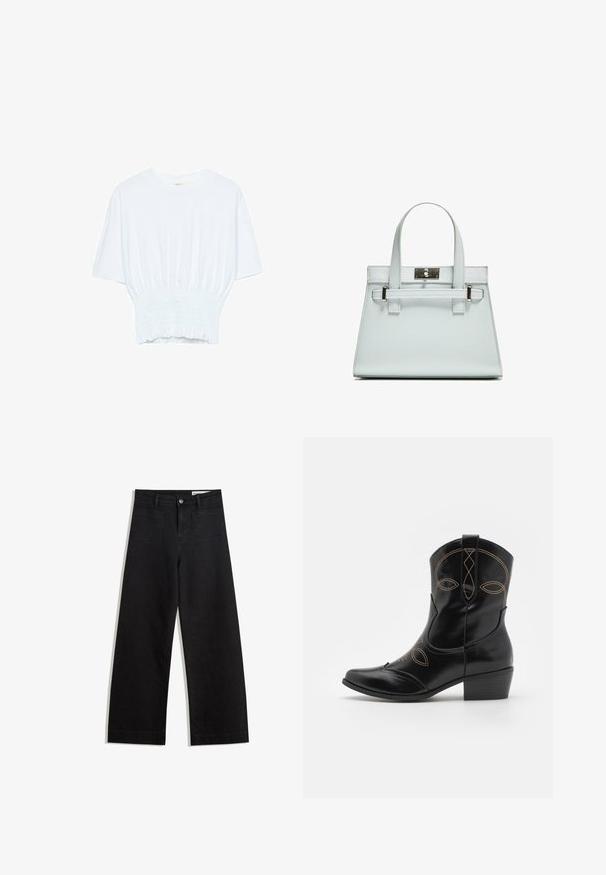 Bijela majica kratkih rukava s opuštenim krojem i nabrano teksturom na struku. Izrađena od mekog, laganog materijala.; Crne široke traperice s visokim strukom, s prednjim i stražnjim džepovima, šivenim šavovima i kopčanjem na gumb. Glatka tekstura.; Crne kožne kauboj cipele s dekorativnim narančastim šavovima i izrezbarenim dizajnom. Imaju kratki drveni potplat i šiljasti nos.; Svijetloplavi ručni kovčeg sa strukturiranim dizajnom, dva držača i kopčom od srebrnastog metala. Teksturirani materijal i oštri kutovi.