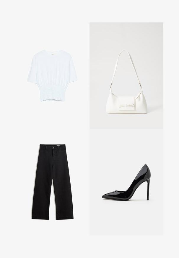 Hvid kortærmet T-shirt med afslappet pasform og smocked tekstur ved taljen. Lavet af blødt, letvægtsstof.; Sorte wide-leg denim bukser med høj talje, der har front- og baglommer, syede sømme og en knaplukning. Glat tekstur.; Call it Spring MESMERIZE - Pumps - other black; Hvid syntetisk håndtaske med en trekantet form, flad forsideklap og sløjfedetalje, justerbar strop, glat tekstur og minimalistisk design.