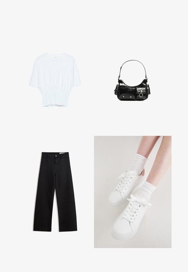 Hvid kortærmet T-shirt med afslappet pasform og smocked tekstur ved taljen. Lavet af blødt, letvægtsstof.; Sorte wide-leg denim bukser med høj talje, der har front- og baglommer, syede sømme og en knaplukning. Glat tekstur.; Hvide lædersneakers har en rund tå, flad sål og tykke snørebånd. De er accentueret med en lys pink hæl og bæres med hvide ribbede sokker.; Sort patenteret læder håndtaske med en buet form, en skulderrem, frontlommer og hardware accenter i sølvfarve.
