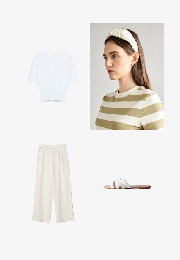 Witte T-shirt met korte mouwen in een relaxte pasvorm en gerimpelde textuur bij de taille. Gemaakt van zachte, lichtgewicht stof.; Wijdvallende broek van off-white stof met een gladde textuur. Heeft een gestrikte taille en geplooide voorkant, ontworpen voor een ontspannen pasvorm.; Witte platte slide sandaal met drie kruislingse banden. Zachte, synthetische bovenkant en effen beige zool. Minimalistisch ontwerp zonder extra patronen.; Crème geklede hoofdband met gedraaide ontwerp, gecombineerd met een beige en witte gestreepte shirt met een ronde hals. Subtiele sieradenaccenten.