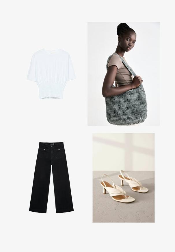 Valkoinen lyhythihainen t-paita, jossa on rento leikkaus ja frillattu tekstuuri vyötäröllä. Valmistettu pehmeästä, kevyestä kankaasta.; Mustat leveälahkeiset farkut korkean vyötärön kanssa, joissa on kaksi etutaskua ja metalliset nappikoristeet. Kangas on sileä.; Valkoinen nahkainen nilkkuri avokärkinen korkokenkä, jossa on kierrätetty etuosa ja keskipitkä korko. Sileä tekstuuri ja vähäiset korostukset.; Harmaa virkattu laukku, jossa on teksturoitu pinta ja leveä, litteä hihna, pidetty beigen yläosan vasten. Laukussa on tilava ja rakenteellinen muotoilu.