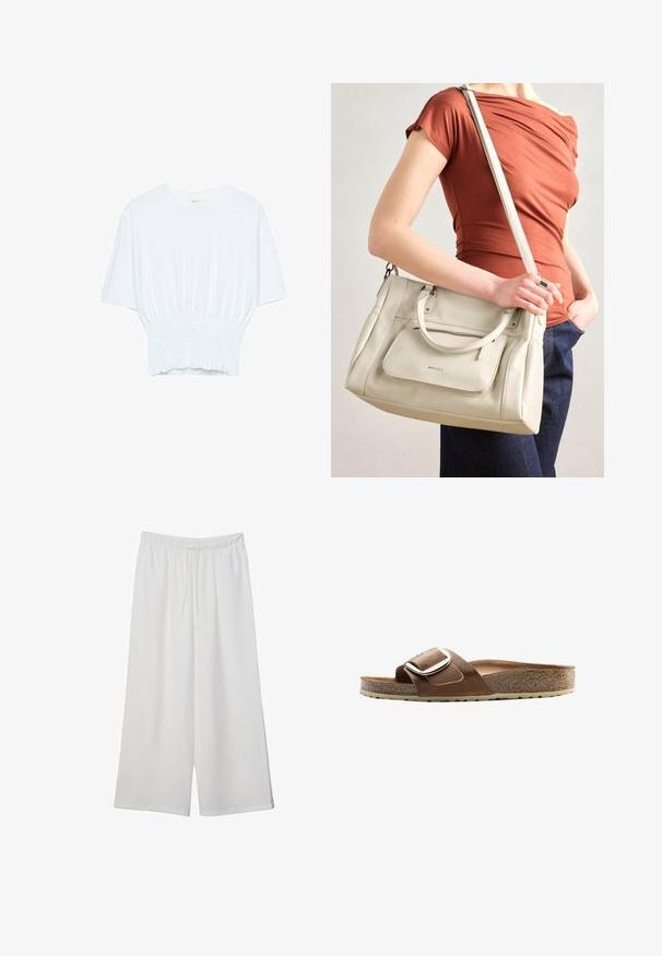 Biała koszulka z krótkim rękawem o luźnym kroju i marszczonym wykończeniu w talii. Wykonana z miękkiego, lekkiego materiału.; Białe szerokie spodnie wykonane z lekkiego materiału, z elastyczną talią i sznurkiem do regulacji fasonu. Gładka tekstura.; Brązowe skórzane klapki z szerokim paskiem, metalowym zapięciem oraz konturowaną korkową wkładką na teksturowanej gumowej podeszwie.; Biała skórzana torebka z podwójnymi uchwytami i odczepianym paskiem, z przednią kieszenią na zamek i gładką fakturą. Nioszona na ramieniu przez osobę.