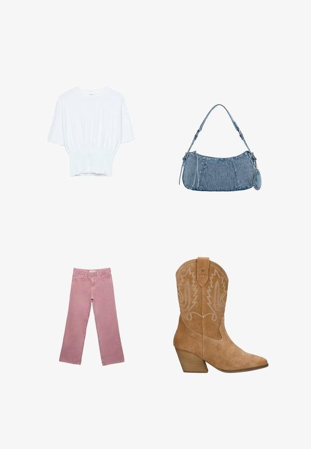 Bílý tričko s krátkým rukávem, se volným střihem a nařasenou texturou v pase. Vyrobeno z měkkého, lehkého materiálu.; Růžové široké džínsy vyrobené z denimu, s vysokým pasem, předními kapsami a decentními švy. Hladká textilie bez vzorů.; Wojas R.36 - Kovbojské/motorkářské kotníkové boty - light brown; Džínová kabelka s zakřiveným tvarem, světle modré barvy, nastavitelným ramenním popruhem a malou odnímatelnou kapsičkou s metalickými akcenty.