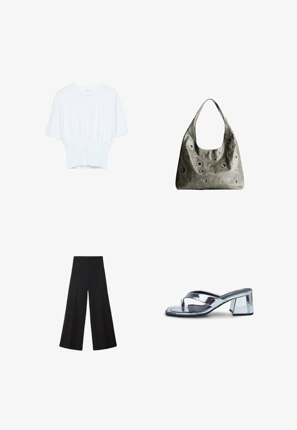 Witte T-shirt met korte mouwen in een relaxte pasvorm en gerimpelde textuur bij de taille. Gemaakt van zachte, lichtgewicht stof.; Zwarte wijde broek gemaakt van een gladde stof, met een hoge taille en voorplooien voor extra volume. Geen zichtbare sluitingen of zakken.; Zilveren metallic sandalen met hak en een vierkante neusontwerp, voorzien van kruislussen en een blokhak voor stabiliteit. Glad, reflecterend oppervlak.; Olijfgroene leren handtas met een slungelig ontwerp, voorzien van rondvormige uitsparingen van verschillende groottes en accenten in donkerdere en lichtere tinten.