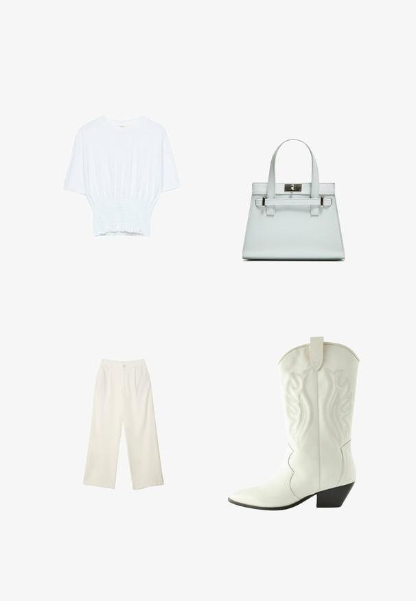 Weißes T-Shirt mit kurzen Ärmeln, lockerer Passform und gerafftem Stoff an der Taille. Aus weichem, leichtem Material gefertigt.; Helle Stoffhose mit weitem Bein und glatter Textur, ausgestattet mit einem einzelnen Knopf vorne, dezenten Falten und einem Hochbund-Design.; Next Cowboy-/Bikerstiefelette - white; Helle blaue Handtasche mit strukturiertem Design, zwei Griffen und einem Beschlag aus silberfarbenem Metall. Texturiertes Material und scharfe Ecken.