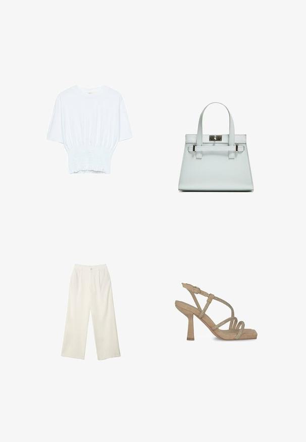 Weißes T-Shirt mit kurzen Ärmeln, lockerer Passform und gerafftem Stoff an der Taille. Aus weichem, leichtem Material gefertigt.; Helle Stoffhose mit weitem Bein und glatter Textur, ausgestattet mit einem einzelnen Knopf vorne, dezenten Falten und einem Hochbund-Design.; Beige High Heels Sandalen aus Kunstwildleder mit quadratischer Zehenpartie, ausgestattet mit überkreuzten Riemen, die mit Strasssteinen verziert sind, und einem Riemen am Knöchel mit Schnalle.; Helle blaue Handtasche mit strukturiertem Design, zwei Griffen und einem Beschlag aus silberfarbenem Metall. Texturiertes Material und scharfe Ecken.