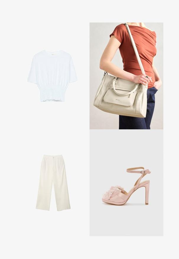 Bílý tričko s krátkým rukávem, se volným střihem a nařasenou texturou v pase. Vyrobeno z měkkého, lehkého materiálu.; Široké kalhoty z krémové látky s hladkým povrchem, s jediným předním knoflíkem, jemnými skladbami a vysokým pasem.; Světle růžové saténové sandály na vysokém podpatku s volánkovým detailem z tylu zdobené umělými perlami, s kotníkovým páskem a otevřenou špičkou.; Bílá kožená kabelka s dvojitými uchy a odnímatelným popruhem, která má přední zipovou kapsu a hladký povrch. Nese se na paži osoby.