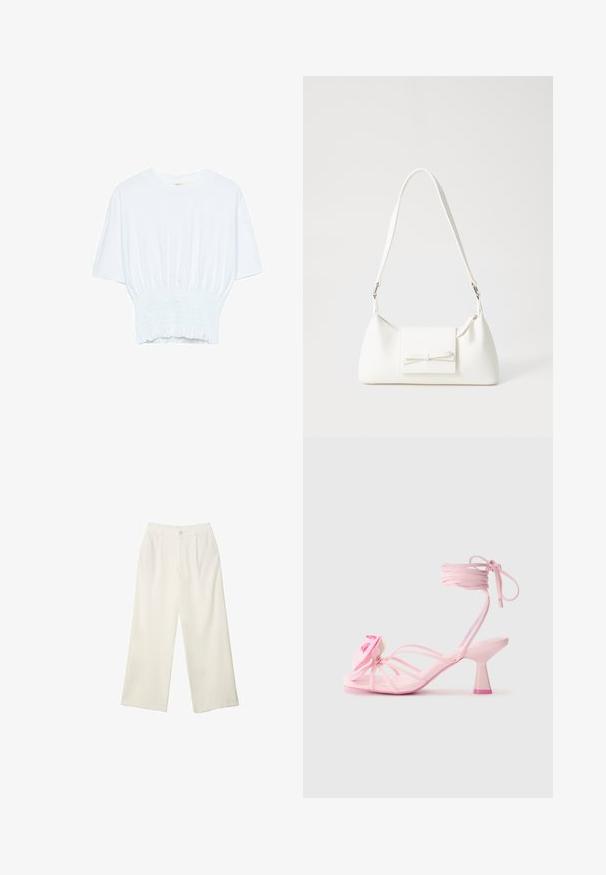 Weißes T-Shirt mit kurzen Ärmeln, lockerer Passform und gerafftem Stoff an der Taille. Aus weichem, leichtem Material gefertigt.; Helle Stoffhose mit weitem Bein und glatter Textur, ausgestattet mit einem einzelnen Knopf vorne, dezenten Falten und einem Hochbund-Design.; Rosa Absatzsandalen mit dünnen Riemen und einem Blumenakzent auf der Zehe. Der Absatz hat ein klobiges Design mit einer kontrastierenden rosa Spitze. Glatte Textur.; Weiße synthetische Handtasche in dreieckiger Form, flache Vorderklappe und Schleifendetail, verstellbarer Trageriemen, glatte Textur und minimalistisches Design.