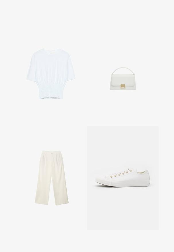T-shirt bianco a maniche corte con una vestibilità rilassata e una texture smock in vita. Realizzato in tessuto morbido e leggero.; Pantaloni a gamba larga in tessuto crema con una texture liscia, caratterizzati da un singolo bottone frontale, pieghe sottili e un design a vita alta.; Converse CHUCK TAYLOR ALL STAR - Sneakers basse - vintage white/light gold; Borsa a tracolla bianca in pelle con design strutturato, dotata di manico superiore e chiusura in metallo dorato. Texture liscia e accenti minimalisti.