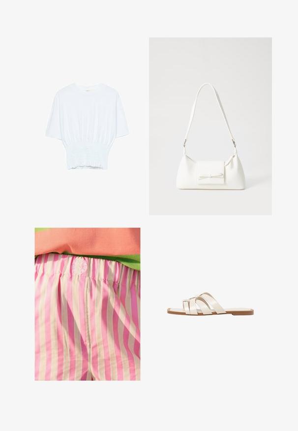 Hvid kortærmet T-shirt med afslappet pasform og smocked tekstur ved taljen. Lavet af blødt, letvægtsstof.; Lyserøde og creme-stribede stofshorts med elastisk talje. Har broderet logo detaljer på taljen. Glat tekstur.; Flade sandaler med en lys gummisål, designet med tre overlappende hvide læderremme og en lille sløjfe detalje i midten.; Hvid syntetisk håndtaske med en trekantet form, flad forsideklap og sløjfedetalje, justerbar strop, glat tekstur og minimalistisk design.