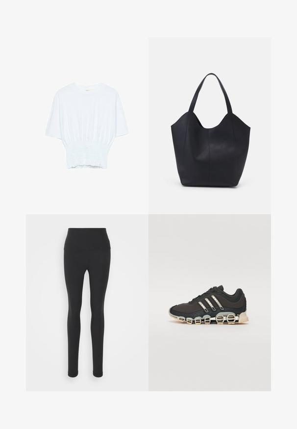 T-shirt bianco a maniche corte con una vestibilità rilassata e una texture smock in vita. Realizzato in tessuto morbido e leggero.; Leggings neri a vita alta realizzati in tessuto elasticizzato, con una superficie liscia e un design a lunghezza completa con una silhouette aderente.; Scarpa da ginnastica nera con tomaia testurizzata, tre strisce argentate e una suola ammortizzata distintiva con più sezioni integrate.; Borsa tote nera realizzata in pelle liscia, con una parte superiore curva e aperta, dotata di due manici per spalla e un design minimalista.