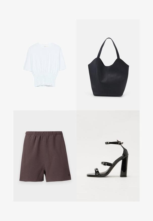 T-shirt bianco a maniche corte con una vestibilità rilassata e una texture smock in vita. Realizzato in tessuto morbido e leggero.; Pantaloni corti marrone scuro realizzati in tessuto intrecciato e testurizzato. Presentano una vita elastica e un piccolo logo sulla parte inferiore destra.; Sandali con tacco in vernice nera, con punta squadrata, cinturini alla caviglia e fibbie in argento. Presentano un tacco a blocco spesso per maggiore stabilità.; Borsa tote nera realizzata in pelle liscia, con una parte superiore curva e aperta, dotata di due manici per spalla e un design minimalista.