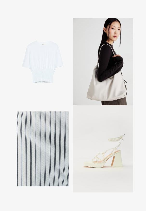 T-shirt blanc à manches courtes avec une coupe décontractée et une texture froncée à la taille. Fabriqué en tissu doux et léger.; Tissu en coton avec des rayures verticales blanches et bleu marine. La texture est lisse, avec un espacement constant entre les lignes.; Sandale blanche à talons hauts avec un talon épais, présentant un design à lanières et un lien autour de la cheville. Texture lisse avec une plateforme à l'avant pour une hauteur supplémentaire.; Sac à main beige en matériau souple, avec un design décontracté, des détails cousus et deux poignées. Idéal pour un usage quotidien.
