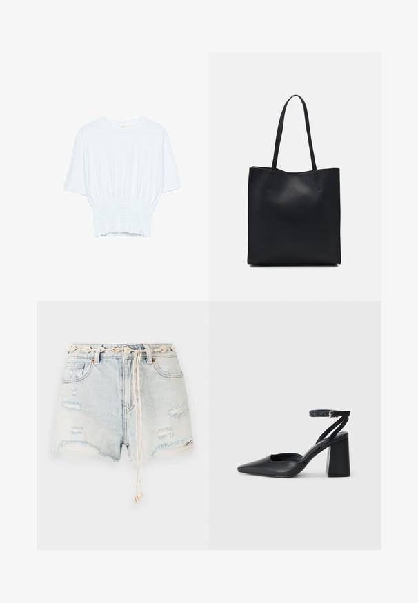 Bela majica s kratkimi rokavi sproščenega kroja in z gubanim materialom na pasu. Narejena iz mehkega, lahkega blaga.; Denim kratke hlače v svetlo modri barvi z obrabljenimi detajli in strgano obrobo. Imajo okrasni pas iz školjk in vrvico z bež detajli.; Črne usnjene klasične čevlje z ostrim nosom, z zaponko za gleženj in debelim peto. Ravna tekstura, eleganten dizajn in minimalistična estetika.; Črna usnjena torba s svilnato teksturo, pravokotne oblike in dvema dolgima ročajema. Brez vidnih metalnih delov ali okrasnih elementov.