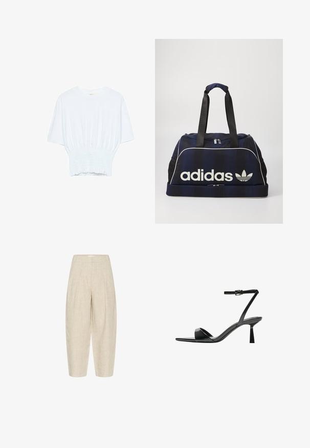 Bílý tričko s krátkým rukávem, se volným střihem a nařasenou texturou v pase. Vyrobeno z měkkého, lehkého materiálu.; Bežové lněné kalhoty s volným střihem, s sklady v pase, zkrácenou délkou a texturovanou tkaninou.; Bershka Sandály na vysokém podpatku - black; Námořnická taška typu duffel s bílým logem Adidas, vybavená zipovým uzávěrem, dvěma pevnými černými madly a bočními síťovanými kapsami. Hladká textilie.