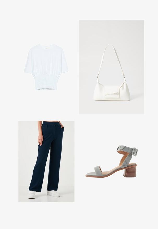 Hvid kortærmet T-shirt med afslappet pasform og smocked tekstur ved taljen. Lavet af blødt, letvægtsstof.; Mørkeblå bukser med vid ben i et blødt, elastisk stof, med snoretræk i taljen og sidelommer, parret med hvide sneakers.; Next FOREVER COMFORTREGULAR FIT - Sandaler - blue; Hvid syntetisk håndtaske med en trekantet form, flad forsideklap og sløjfedetalje, justerbar strop, glat tekstur og minimalistisk design.