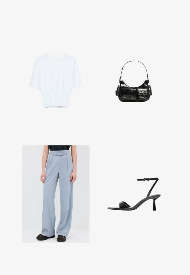 Bílý tričko s krátkým rukávem, se volným střihem a nařasenou texturou v pase. Vyrobeno z měkkého, lehkého materiálu.; Světle modré kalhoty širokého střihu s páskem v pase, vyrobené z texturované látky. Obsahují rovné záhyby a volný střih.; Bershka Sandály na vysokém podpatku - black; Černá lakovaná kožená kabelka s křivkovým tvarem, jedním ramenním popruhem, předními kapsami a stříbrnými kovovými detaily.