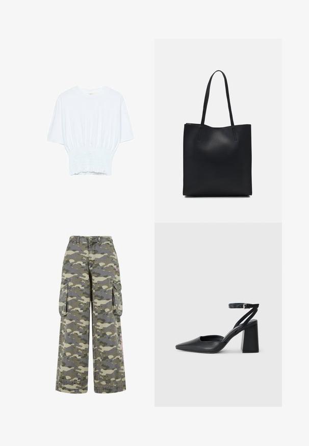 Bijela majica kratkih rukava s opuštenim krojem i nabrano teksturom na struku. Izrađena od mekog, laganog materijala.; Cargo hlače u zeleno-bež kamuflažnom uzorku, s širokim krojem, dva bočna džepa i ružičastim detaljem na nozi.; Crne kožne cipele s špicastim vrhom, remenom oko gležnja i debelim potplatom. Ravna tekstura, elegantan dizajn i minimalistička estetika.; Crna kožna torba za nošenje s glatkom teksturom, pravokutnim oblikom i dvije duge ručke. Nema vidljivih metalnih dijelova ili ukrasa.