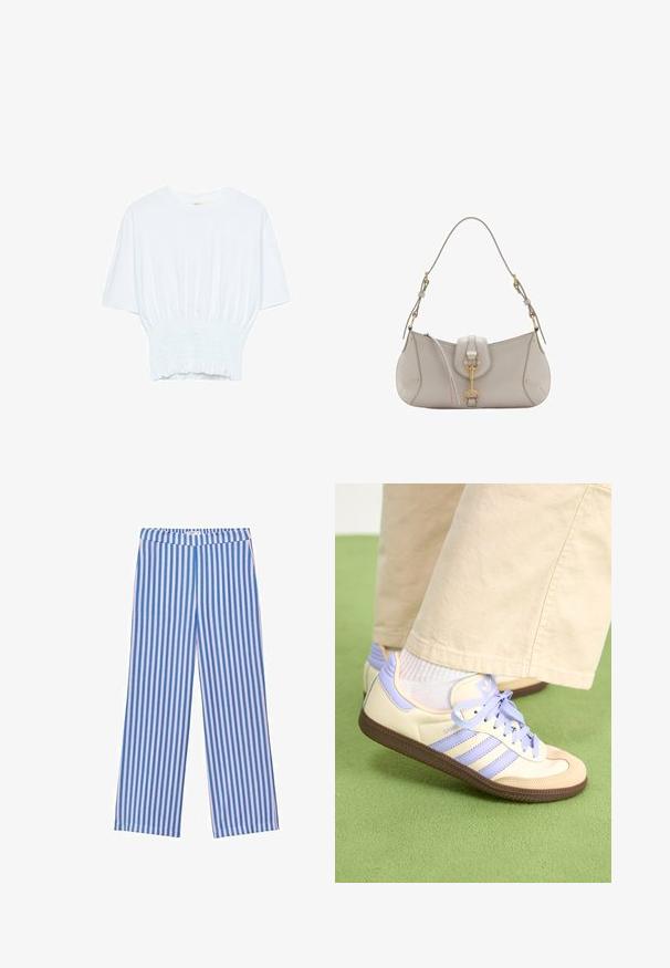 Biela krátka T-shirt s voľným strihom a zlaceným textúrou v oblasti pása. Vyrobená z mäkkého, ľahkého materiálu.; Modré a biele pruhované nohavice s širokými nohavicami a elastickým pásom, vyrobené z mäkkého materiálu, s vertikálnymi pruhmi rôznej šírky.; Krémovo-fialové tenisky so tromi pruhmi a štruktúrovanou hnedou podrážkou, s šnúrkami a polstrovaným opätkom. Mäkký textilný zvršok.; Svetlo šedá kožená kabelka s zakriveným tvarom, zlatými kovovými prvkami, predným zapínaním a prešitými detailmi. Súčasťou je nastaviteľný ramenný popruh.