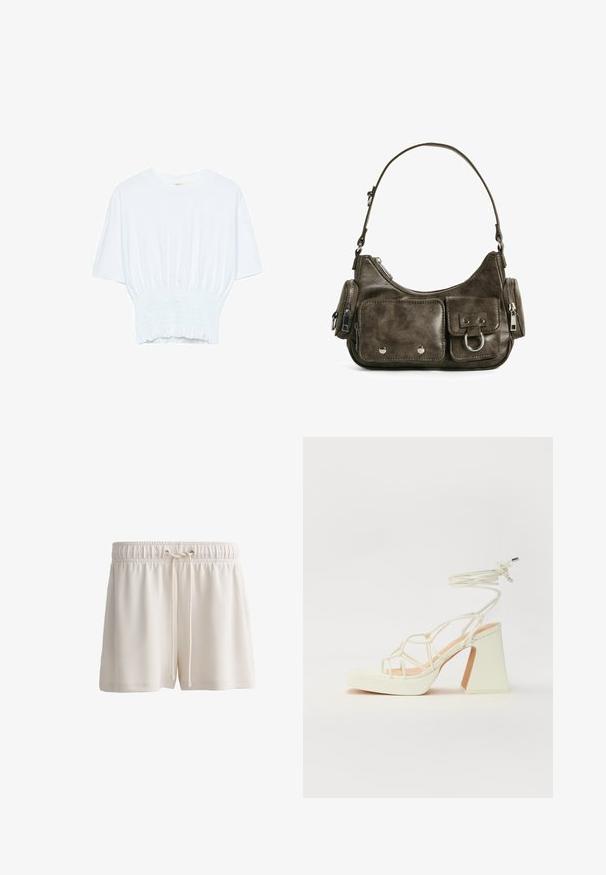 Valkoinen lyhythihainen t-paita, jossa on rento leikkaus ja frillattu tekstuuri vyötäröllä. Valmistettu pehmeästä, kevyestä kankaasta.; Kermanshaväriset shortsit, jotka on valmistettu pehmeästä materiaalista. Niissä on joustava vyötärö, jossa on kiristysnyöri ja perusreunasuunnittelu.; Valkoinen korkokenkä, jossa on paksu korko, ja joka sisältää nauhakiinnityksen ja nilkkaketjun. Sujuva pinta, jossa on platform-etupohja lisäkorkeutta varten.; Tumma vihreä nahkainen käsilaukku, jossa on kaareva muoto, vetskarilla varustetut taskut ja etupaneelin tasku. Varustettu hopeanvärisillä yksityiskohdilla ja teksturoidulla pinnalla.