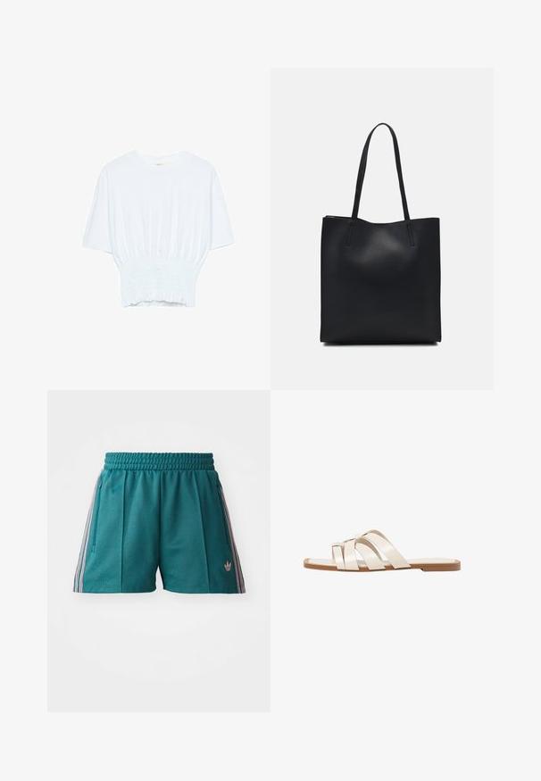 Weißes T-Shirt mit kurzen Ärmeln, lockerer Passform und gerafftem Stoff an der Taille. Aus weichem, leichtem Material gefertigt.; Türkise Sportshorts mit einem elastischen Bund, mit pink-weißen gestreiften Seitenelementen und seitlichen Reißverschlusstaschen. Logo am Saum.; Flache Sandalen mit einer honigfarbenen Gummisohle, gestaltet mit drei überlappenden weißen Lederriemen und einem kleinen Schleifendetail in der Mitte.; Schwarze Laptoptasche aus Leder mit glatter Textur, rechteckiger Form und zwei langen Griffen. Keine sichtbaren Beschläge oder Verzierungen.