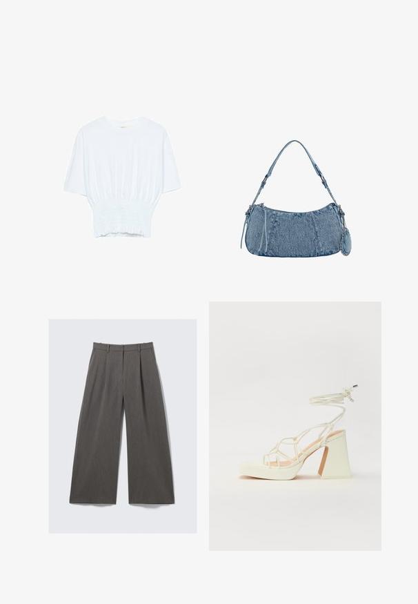 Valkoinen lyhythihainen t-paita, jossa on rento leikkaus ja frillattu tekstuuri vyötäröllä. Valmistettu pehmeästä, kevyestä kankaasta.; Harmaat raidalliset leveälahkeiset housut, joissa on vyölenkit ja taitteet, esiteltyinä litteänä valkoista taustaa vasten.; Valkoinen korkokenkä, jossa on paksu korko, ja joka sisältää nauhakiinnityksen ja nilkkaketjun. Sujuva pinta, jossa on platform-etupohja lisäkorkeutta varten.; Denim-käsilaukku, jossa on kaareva muoto, vaaleansininen väri, säädettävä olkahihna ja pieni irrotettava pussukka metallikoristeilla.