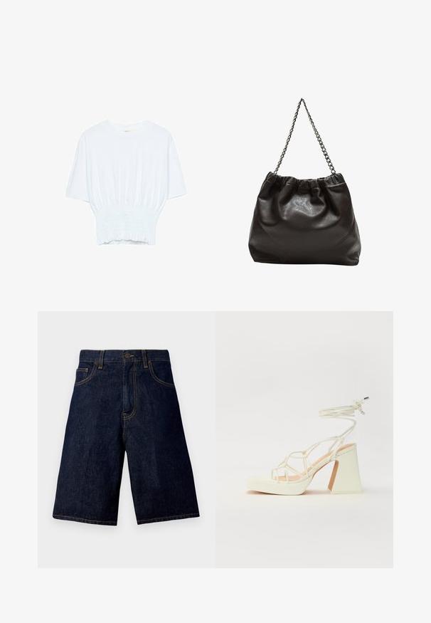Biela krátka T-shirt s voľným strihom a zlaceným textúrou v oblasti pása. Vyrobená z mäkkého, ľahkého materiálu.; Tmavo modré džínsy s rovný strihom, s klasickým dizajnom piatich vreciek a kontrastným zlatým prešívaním.; Biele sandále na vysokom opätku s hrubým podpätkom, s pruhovaným dizajnom a viazaním na členku. Hladký povrch s platformou vpredu pre zvýšenú výšku.; Hnedá kožená taška so zberaným vrchom a reťazovým popruhom. Hladký povrch s lesklým finišom a jemným švom po stranách.
