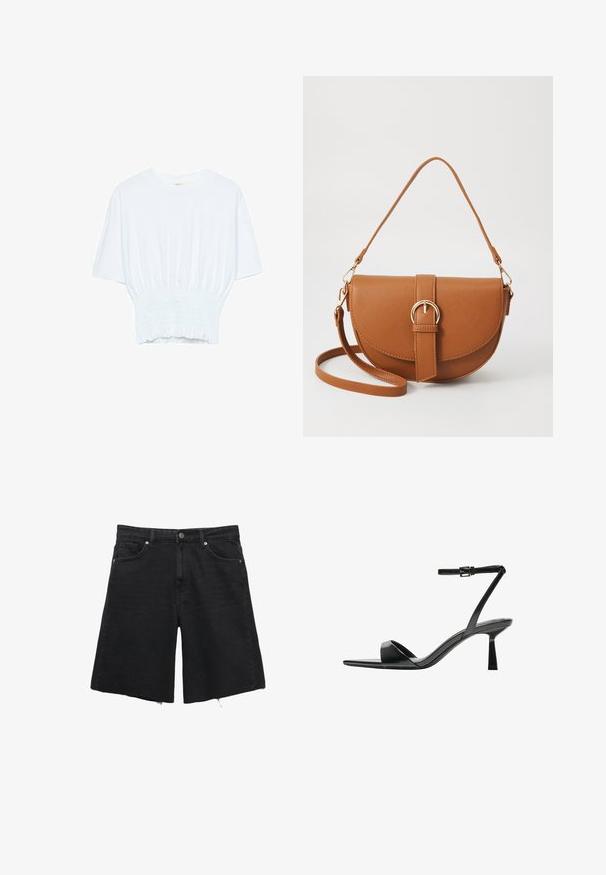 Biela krátka T-shirt s voľným strihom a zlaceným textúrou v oblasti pása. Vyrobená z mäkkého, ľahkého materiálu.; Čierne denims šortky s uvoľneným strihom, s gombíkovým uzáverom, piatimi vreckami a rozstrapkanými okrajmi. Hladká textúra a žiadne viditeľné vzory.; Bershka Sandále na vysokom opätku - black; Hnedá kožená kabelka cez telo s zakriveným tvarom, zlatými kovovými doplnkami a akcentom s prackou. Obsahuje odnímateľný ramenný popruh.