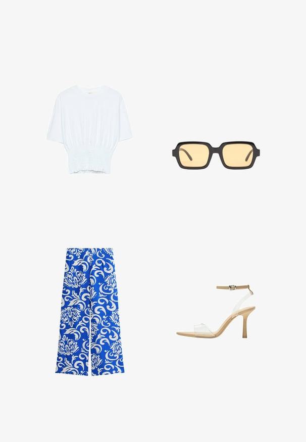 T-shirt blanc à manches courtes avec une coupe décontractée et une texture froncée à la taille. Fabriqué en tissu doux et léger.; Pantalons larges bleus avec un motif floral et tourbillonnant blanc, fabriqués en tissu léger avec une texture douce et une coupe ample.; Sandale à talon transparent avec un supérieur transparent, semelle beige et une fine bride de cheville. Dispose d'un bout pointu et d'un fin talon haut.; Lunettes de soleil rectangulaires noires avec des verres jaunes, monture légère et bords distincts sur les branches. Fini lisse et brillant.; Sac à main en cuir noir avec une forme courbée, bandoulière amovible et des accessoires en or. Le sac est doté d'un rabat avec un détail de boucle.