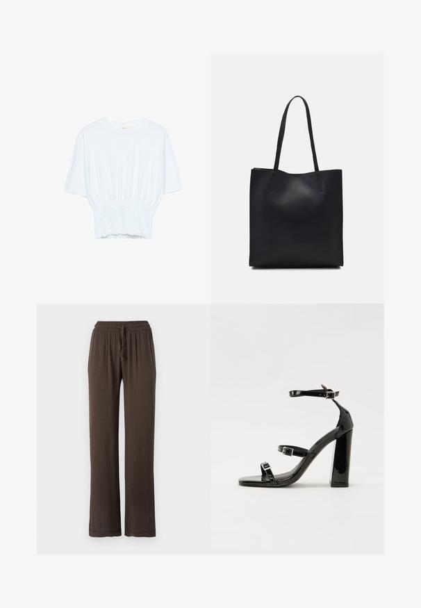Biela krátka T-shirt s voľným strihom a zlaceným textúrou v oblasti pása. Vyrobená z mäkkého, ľahkého materiálu.; Hnedé nohavice s širokými nohavicami, elastickým pásom a šnúrkou na stiahnutie. Textúrovaný materiál s vertikálnym pruhovaním. Priame strihy nohavíc.; Čierne lakované sandále na podpätku so štvorcovou špičkou, navlečenými remienkami okolo členku a striebornými prackami. Disponujú masívnym blokovým podpätkom pre stabilitu.; Čierna kožená taška na rameno s hladkým povrchom, obdĺžnikovým tvarom a dvoma dlhými uchami. Bez viditeľného kovania alebo ozdôb.