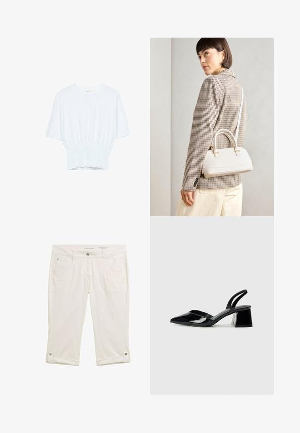 Hvid kortærmet T-shirt med afslappet pasform og smocked tekstur ved taljen. Lavet af blødt, letvægtsstof.; Hvide 3/4 længde bukser med en let tekstureret stof. Har forlommer, en knaplukning og optrukne stumper, der er sikret med trykknapper.; Sorte patentlæder slingback hæle med spids tå og en geometrisk blok hæl. Har et elegant, minimalistisk design og en glat tekstur.; Hvid struktureret taske med korte håndtag og en skulderrem, prydet med guldfarvede hardwaredetaljer og tekstureret materiale, præsenteret mod en grå baggrund.
