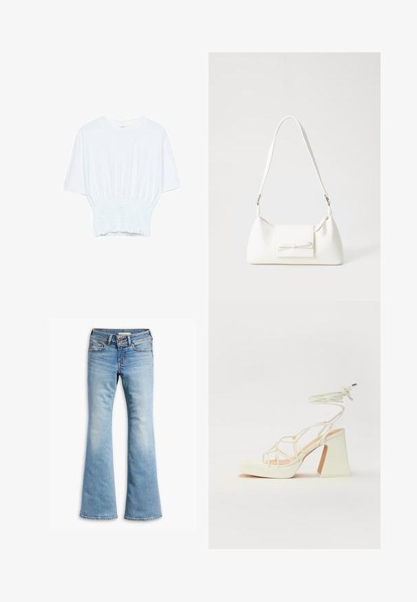 T-shirt blanc à manches courtes avec une coupe décontractée et une texture froncée à la taille. Fabriqué en tissu doux et léger.; Jean bleu clair évasé en denim, avec fermeture à bouton, design à cinq poches et légère décoloration pour un aspect usé.; Sandale blanche à talons hauts avec un talon épais, présentant un design à lanières et un lien autour de la cheville. Texture lisse avec une plateforme à l'avant pour une hauteur supplémentaire.; Sac à main synthétique blanc en forme triangulaire, avec un rabat avant plat et un détail en nœud, une bandoulière ajustable, une texture lisse et un design minimaliste.