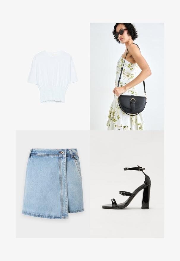 Bílý tričko s krátkým rukávem, se volným střihem a nařasenou texturou v pase. Vyrobeno z měkkého, lehkého materiálu.; Světle modrá džínová sukně se rovný střih, zapínání na knoflíky vpředu a kontrastní prošívání podél švů. Bez viditelných kapes.; Černé lakované sandály na vysokém podpatku se dvěma pásky se sponami, čtvercovou špičkou a robustním blokovým podpatkem, s hladkou, lesklou texturou.; Černá kožená kabelka s křivkovým tvarem, odnímatelným popruhem a zlatými detaily. Kabelka má klopu s přezkou.