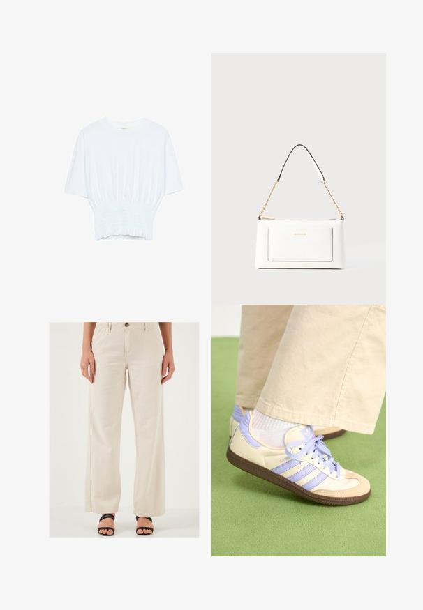 Witte T-shirt met korte mouwen in een relaxte pasvorm en gerimpelde textuur bij de taille. Gemaakt van zachte, lichtgewicht stof.; Beige wijde broek gemaakt van lichtgewicht stof, met een knoopsluiting, elastische tailleband en een gladde textuur. Gecombineerd met zwarte sandalen.; Crème- en lavendel-sneakers met drie strepen en een gestructureerde bruine zool, voorzien van veters en een gewatteerde hiel. Zachte stoffen bovenkant.; Witte leren handtas met een textuurafwerking, voorzien van een gouden schouderhengsel en zwarte accenten. Inclusief een voorvak en ritssluiting.