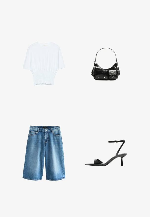 Biała koszulka z krótkim rękawem o luźnym kroju i marszczonym wykończeniu w talii. Wykonana z miękkiego, lekkiego materiału.; Next - Szorty jeansowe; Bershka - Sandały na obcasie; Czarna torebka z lakierowanej skóry o zaokrąglonym kształcie, z jednym paskiem na ramię, przednimi kieszeniami i akcentami w kolorze srebrnym.