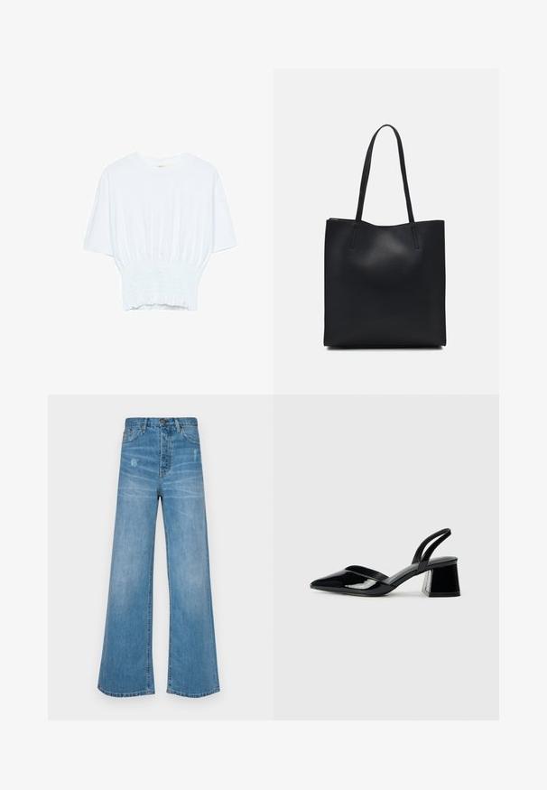 Valkoinen lyhythihainen t-paita, jossa on rento leikkaus ja frillattu tekstuuri vyötäröllä. Valmistettu pehmeästä, kevyestä kankaasta.; LOIS Jeans SKATER LOOSE - Relaxed fit -farkut - stone; Mustat patentoitu nahkakengät, joissa on säären takaosa ja terävä kärki, sekä geometrinen palikkakorko. Sisältää tyylikkään, minimalistisen muotoilun ja sileän pinnan.; Mustapahkainen kangaskassi, jossa on sileä pinta, suorakaiteen muotoinen ja kaksi pitkää kahvaa. Ei näkyvää metalliosaa tai koristeita.