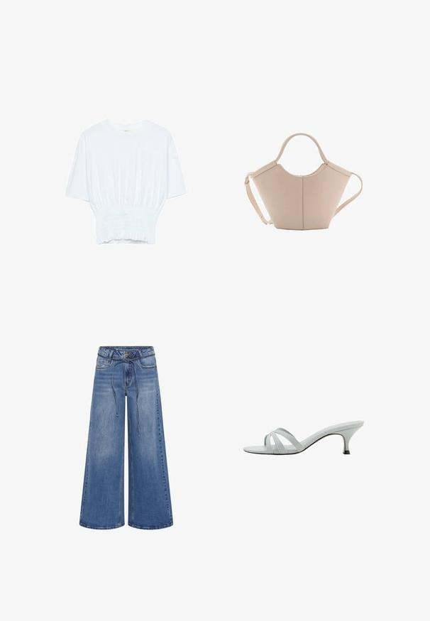 Vit kortärmad t-shirt med avslappnad passform och smockad textur vid midjan. Tillverkad av mjukt, lätt material.; My Essential Wardrobe MID WIDE - Flared jeans - medium blue wash; Ljusgrå klacksandaler med tre korslagda remmar, en smal profil och en avsmalnande klack. Slät textur med en något glänsande yta.; Beige läderhandväska med en unik form, med två korta handtag och ett långt justerbart axelband. Slät textur med minimal hårdvara.