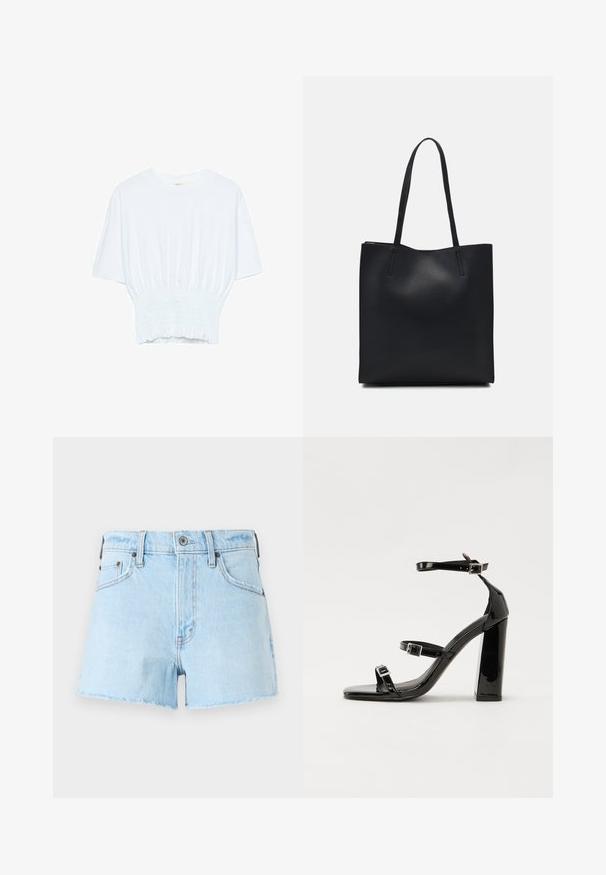 White short-sleeve T-shirt with a relaxed fit and smocked texture at the waist. Made of soft, lightweight fabric.; Light blue denim shorts with a frayed hem, featuring five pockets, a button closure, and stitched detailing along the seams.; Black patent heeled sandals with a square toe, ankle straps, and silver buckles. Features a chunky block heel for stability.; Black leather tote bag with smooth texture, rectangular shape, and two long handles. No visible hardware or embellishments.