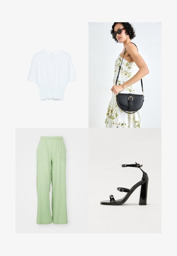 T-shirt bianco a maniche corte con una vestibilità rilassata e una texture smock in vita. Realizzato in tessuto morbido e leggero.; Pantaloni a gamba larga verde chiaro con cintura elastica, tessuto testurizzato e due tasche frontali. Il design presenta una vestibilità rilassata.; Sandali con tacco in vernice nera, con punta squadrata, cinturini alla caviglia e fibbie in argento. Presentano un tacco a blocco spesso per maggiore stabilità.; Borsa a tracolla nera in pelle con una forma curva, manico rimovibile e accessori dorati. La borsa presenta una patta con un dettaglio a fibbia.