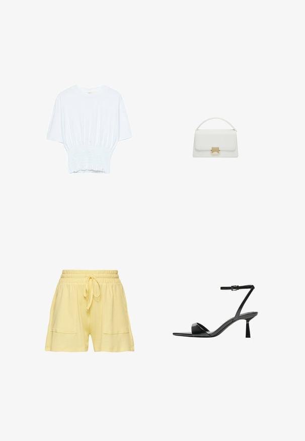 Biała koszulka z krótkim rękawem o luźnym kroju i marszczonym wykończeniu w talii. Wykonana z miękkiego, lekkiego materiału.; Żółte dzianinowe szorty z elastycznym pasem i sznurkiem, z dwoma bocznymi kieszeniami oraz teksturowanym, prążkowanym wzorem materiału.; Bershka - Sandały na obcasie; Biała skórzana torebka o strukturalnym kształcie, z górnym uchwytem i złotym zapięciem. Gładka tekstura i minimalistyczne akcenty.