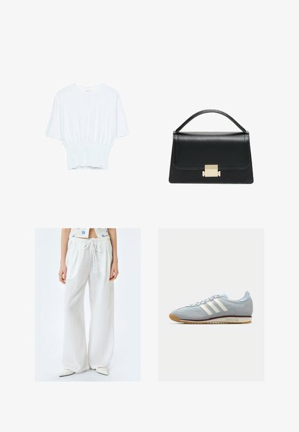 Hvid kortærmet T-shirt med afslappet pasform og smocked tekstur ved taljen. Lavet af blødt, letvægtsstof.; Hvide linned bukser med vidde og drawstring talje, der har en blød tekstur og afslappet pasform. Sammen med spidse hvide sko.; Lyseblå ruskinds sneaker med hvide tre striber, gummisål og tekstureret mesh. Har en glat tåhætte og branding på hælen.; Sort læderhandtaske med et struktureret design, topbærerhåndtag og en detalje i guldfarvet metalklap på fronten. Glat tekstur, minimal syning.