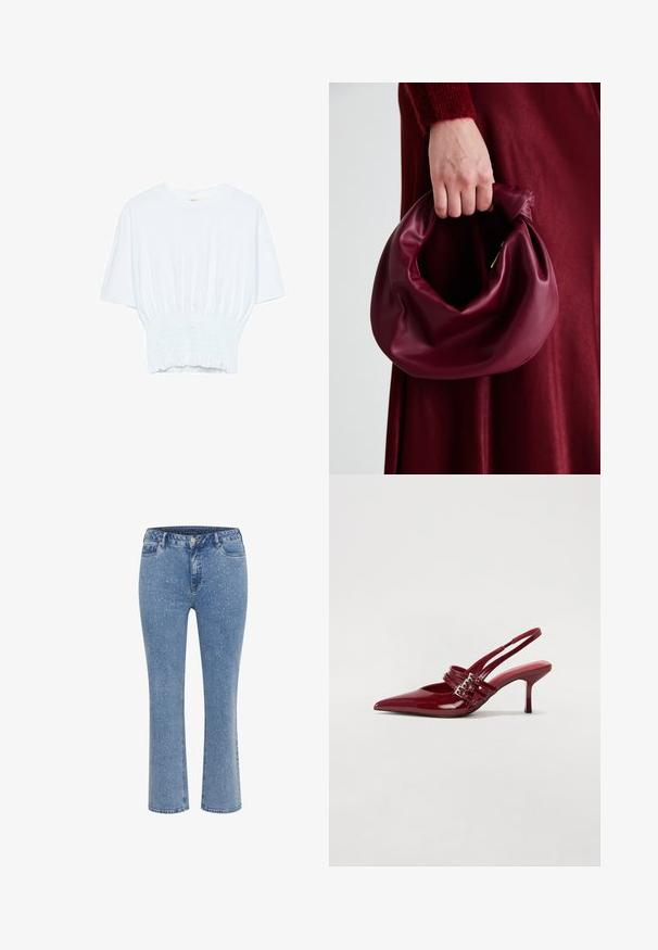 Bela majica s kratkimi rokavi sproščenega kroja in z gubanim materialom na pasu. Narejena iz mehkega, lahkega blaga.; Svijetloplave traperice ravnog kroja, s točkastim uzorkom, klasičnim pet džepovima i dugmetom za zatvaranje u struku.; Rde lakirane sandalete na peto s ostrim nosom, dvema sponkami in tanko, srednje visokim peto središče. Gladka tekstura.; Bordo usnjeni ročni torbici s mehak, nabrana zasnova in okrogla oblika. Ročaj je varen in prikazuje gladko teksturo.