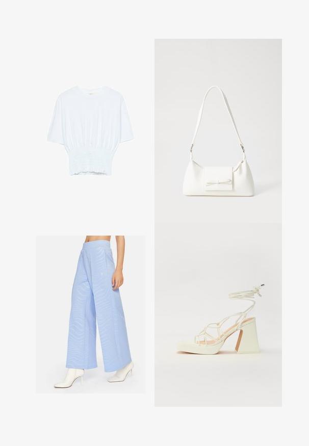 Bílý tričko s krátkým rukávem, se volným střihem a nařasenou texturou v pase. Vyrobeno z měkkého, lehkého materiálu.; Cardio Bunny VIBE - Kalhoty - blue; Bílé sandály na vysokém podpatku s robustním podpatkem, s designem s pásky a zavazováním kolem kotníku. Hladký povrch s platformou vpředu pro zvýšení výšky.; Bílá syntetická kabelka v trojúhelníkovém tvaru, s plochým předním klopným víkem a detailem mašle, nastavitelným popruhem, hladkým povrchem a minimalistickým designem.